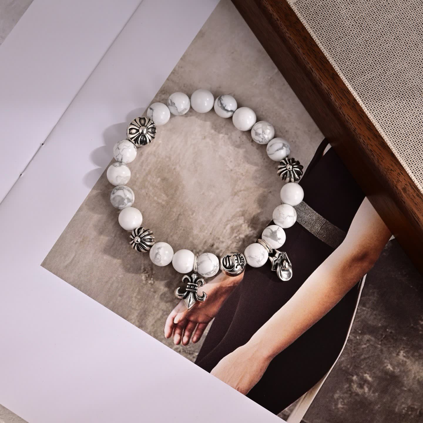 Chrome Hearts White Marble Bead Bracelet with Silver Charms